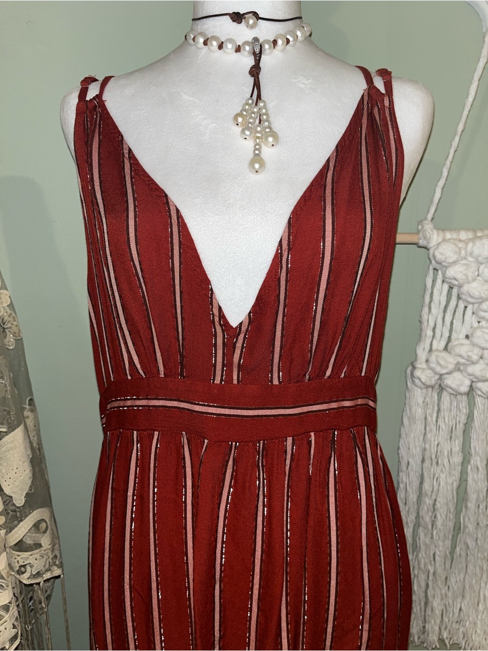 Adjustable Straps V-Neck Striped Maxi Dress in Deep Burgundy - Picture 2 of 12